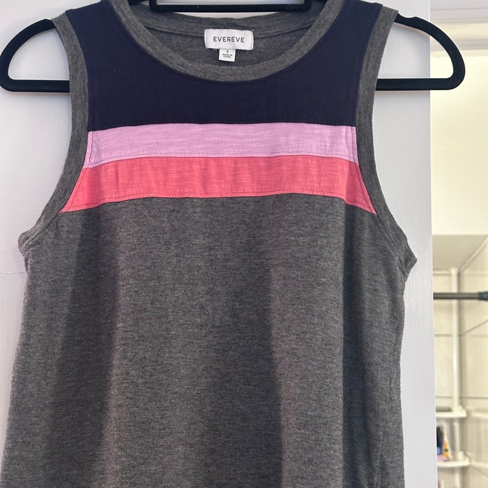 Evereve Sleeveless Gray Tank with Navy Yoke and Pink + Coral Stripes